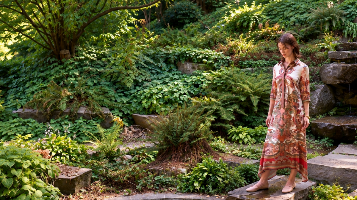 Model wearing a warm-toned paisley two-piece top and skirt set, standing on a stone in a lush garden surrounded by greenery.