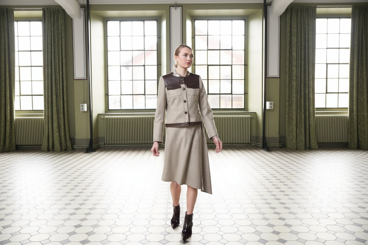Woman wearing a beige outfit with leather accents in a room with large windows.