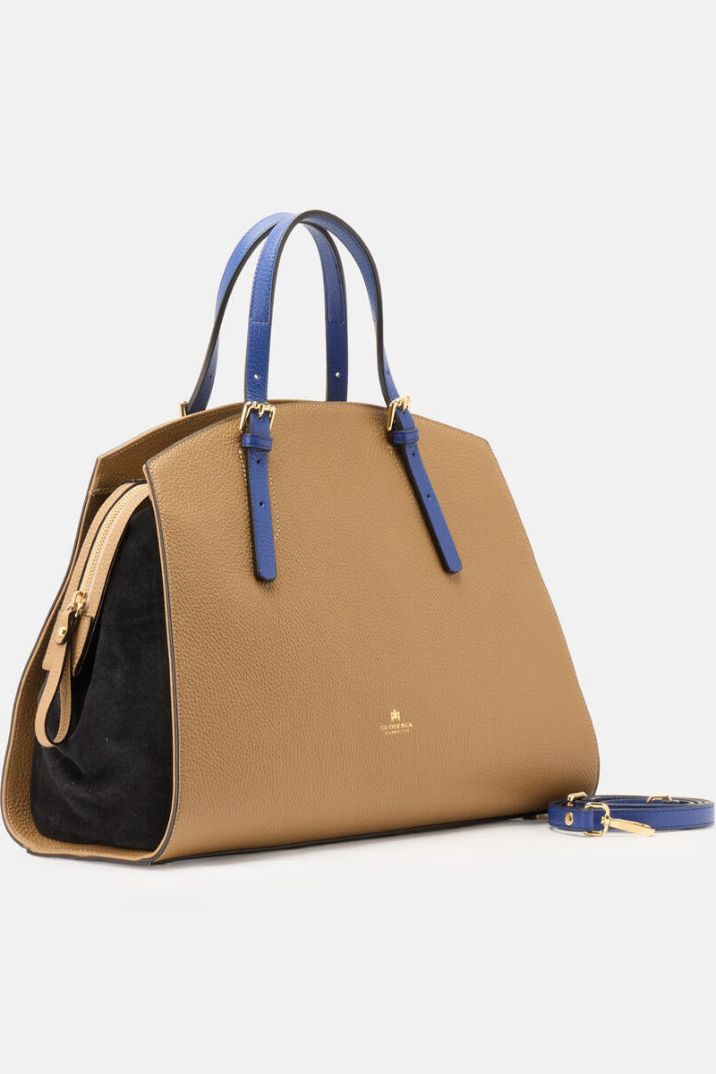 Brown tote bag with blue detailing on a white background.