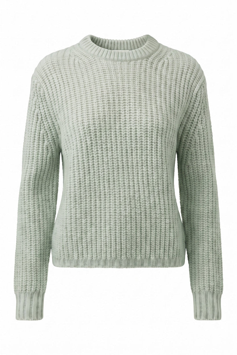 A light sage green ribbed knit sweater with a crew neck and long sleeves, shown against a plain white background.