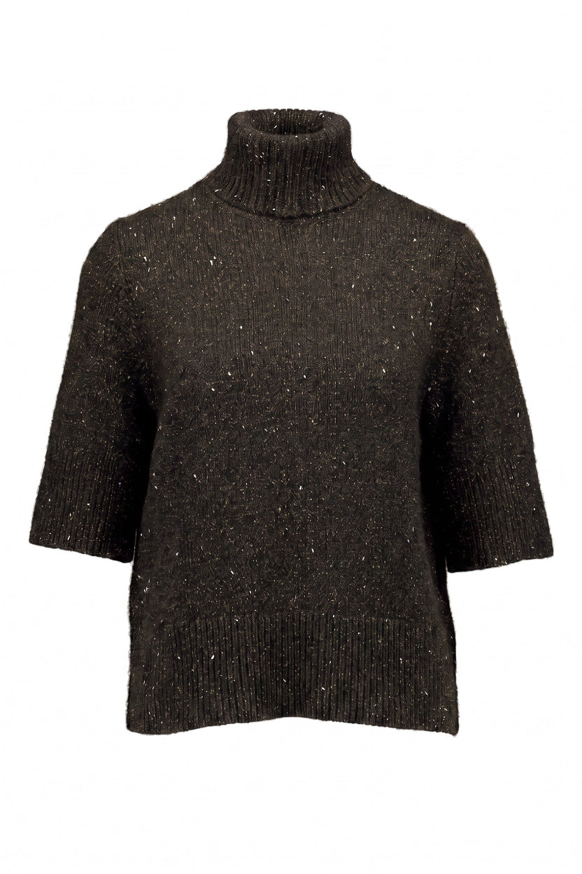 A charcol knit turtleneck sweater with subtle silver glitter flecks, displayed on a clean white background.