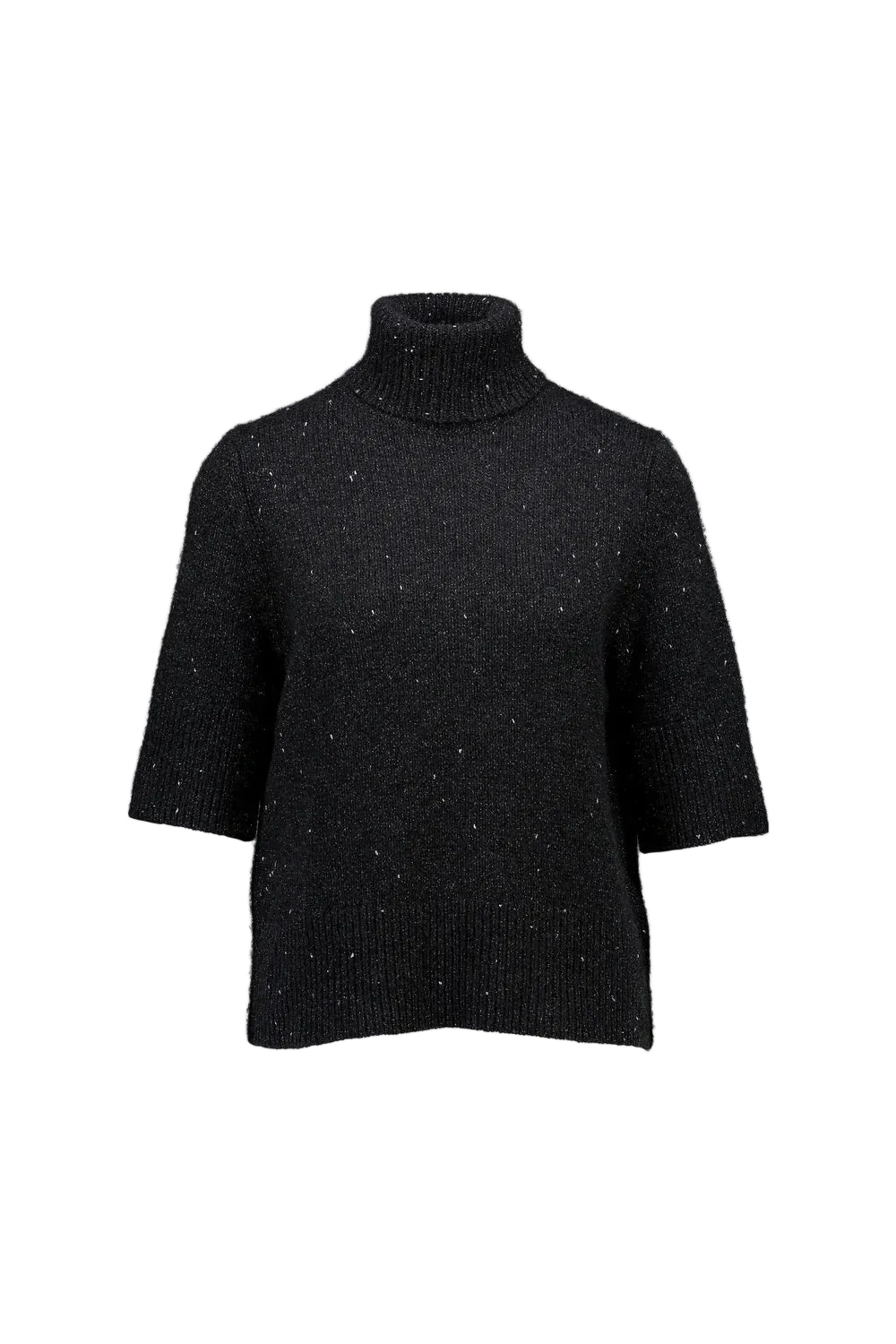 A black knit turtleneck sweater with subtle white speckles, shown against a plain light gray background.