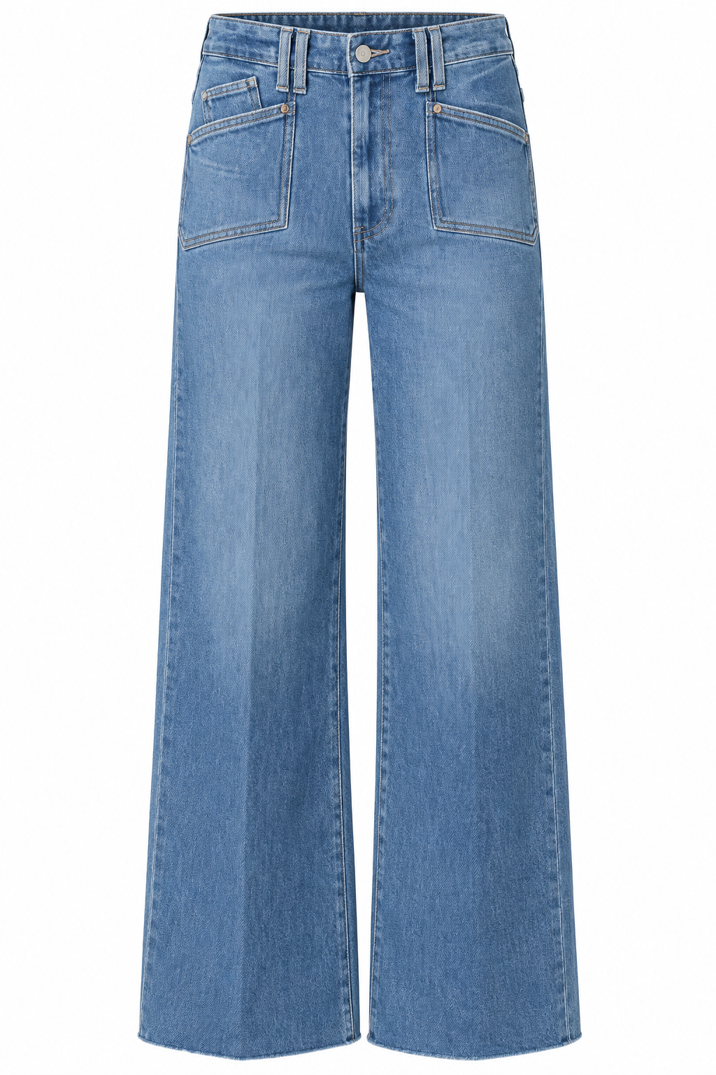Medium-wash high-rise wide-leg jeans with oversized front patch pockets, contrast stitching, subtle fading, and a cropped raw-edge hem, shown in a front-facing ghost mannequin view.