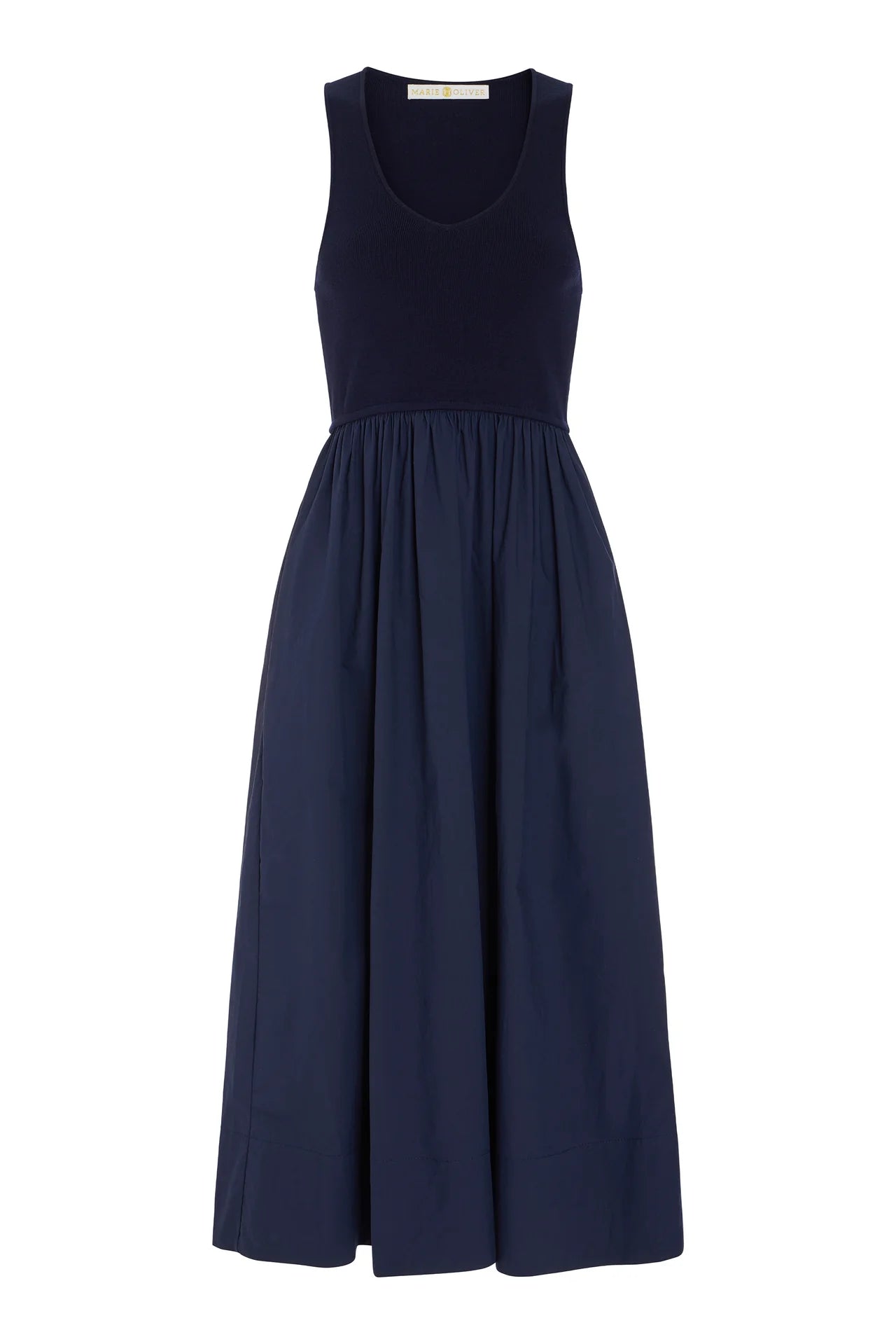Navy blue sleeveless dress on a white background.