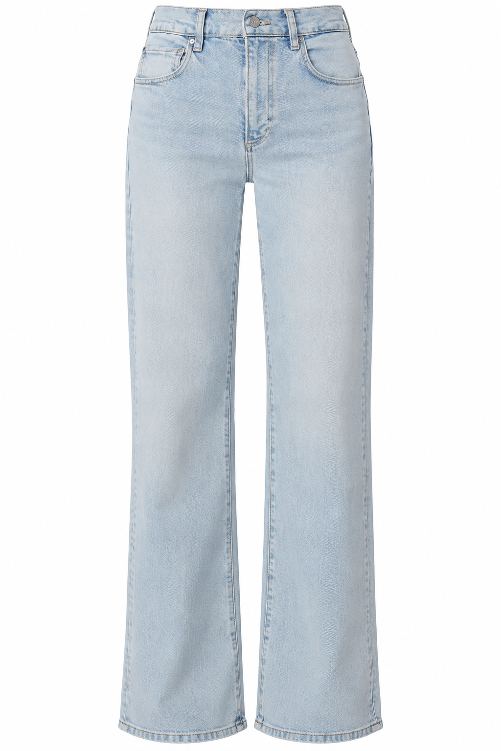 Light-wash high-rise jeans with a relaxed straight-leg silhouette, classic five-pocket styling, subtle fading, and contrast stitching, shown in a front-facing ghost mannequin view.