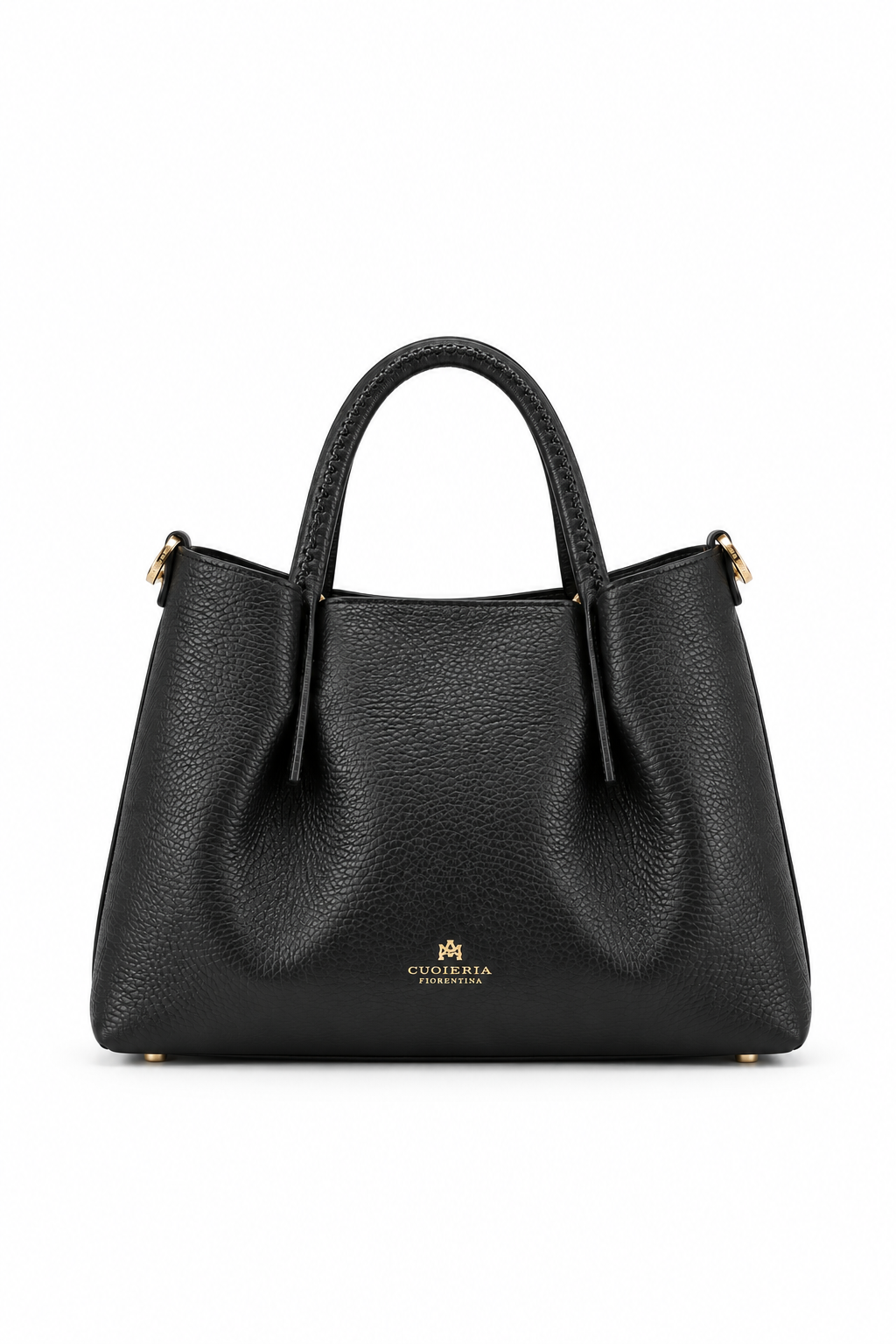 Front-facing ghost mannequin image of the Cuoieria Fiorentina Candy Medium Tote in black pebbled calfskin leather, featuring sculptural curved top handles, gold-tone hardware, a softly structured silhouette, and signature gold logo detailing against a clean white background.