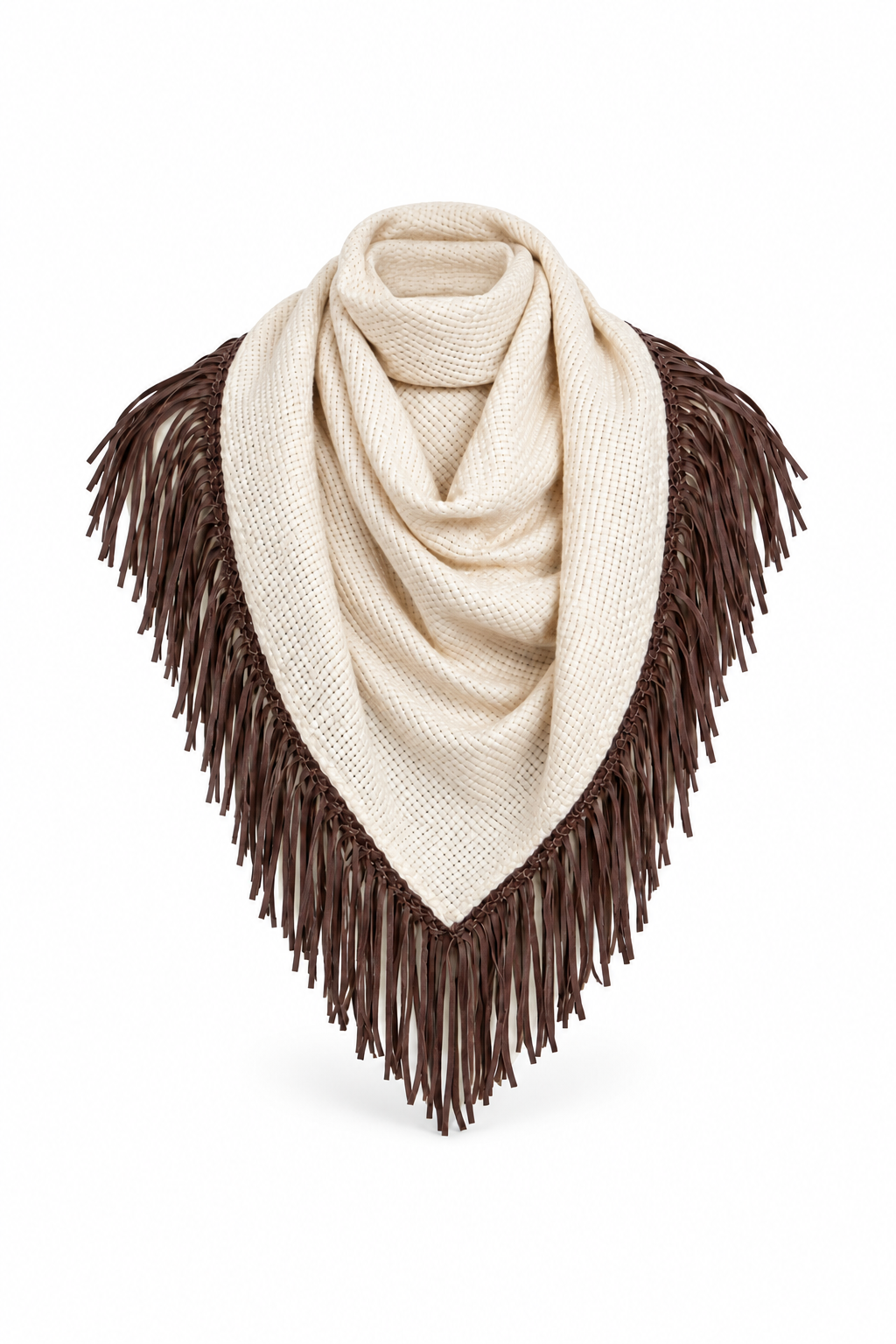 Ivory woven triangular Bajra scarf with dark chocolate braided trim and long fringe, displayed on a ghost mannequin against a white background.