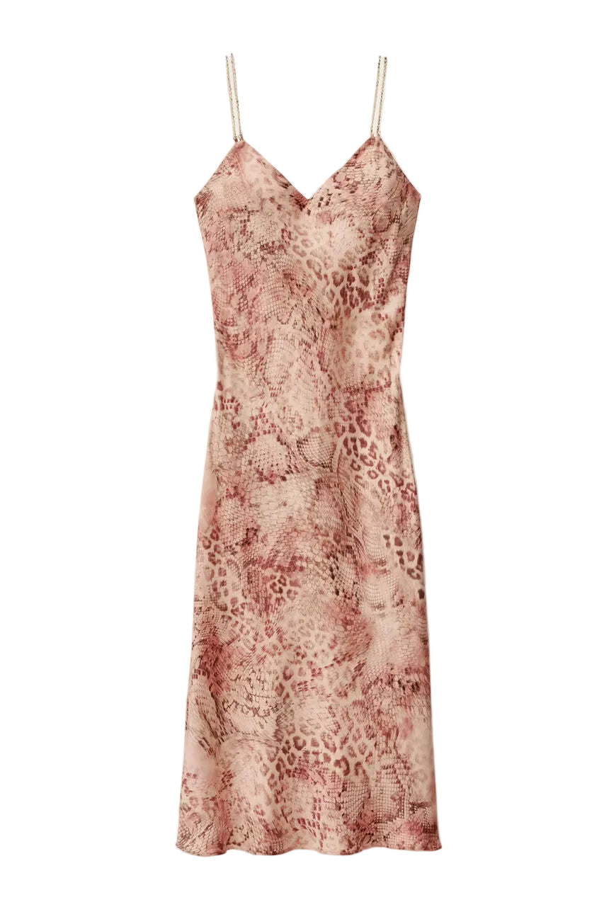 Pink floral slip dress on a white background