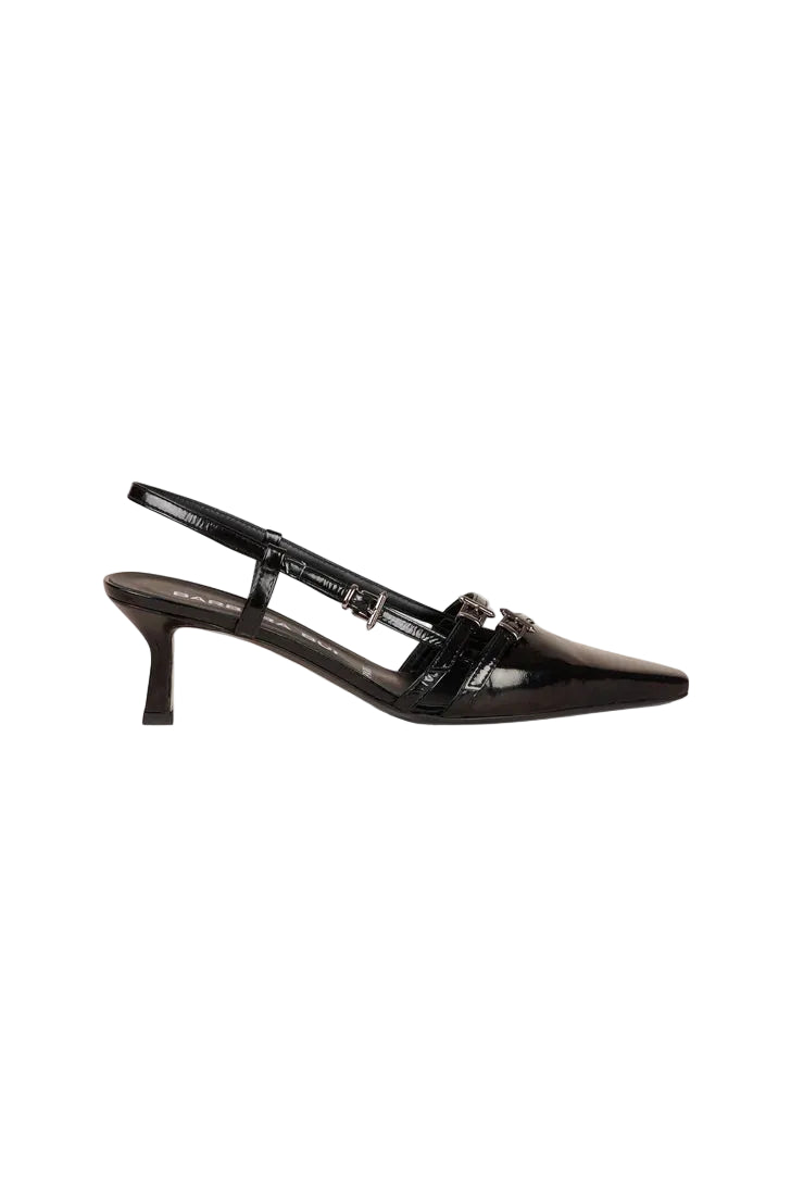Black kitten heel shoe with a strap on a white background.