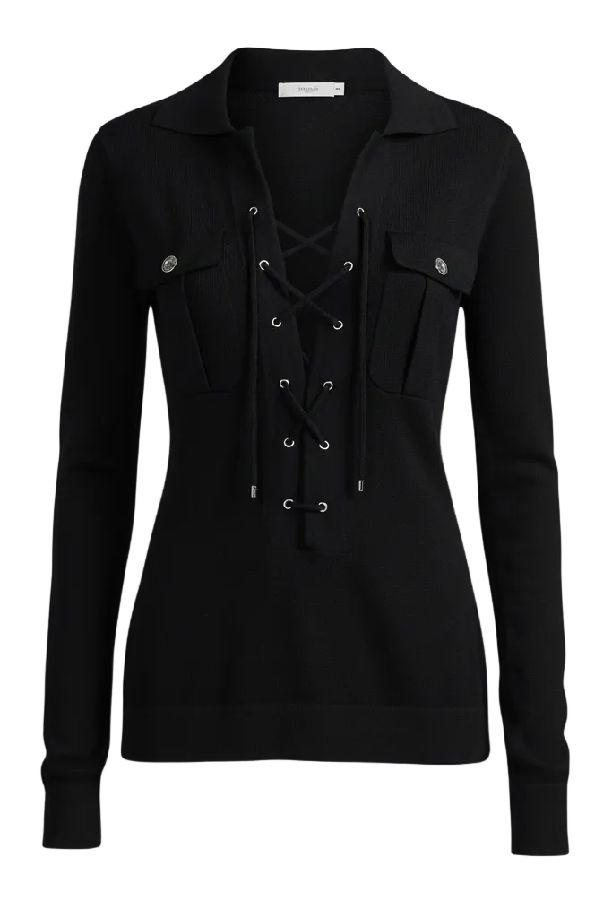 Black long-sleeve top with lace-up front on a white background.