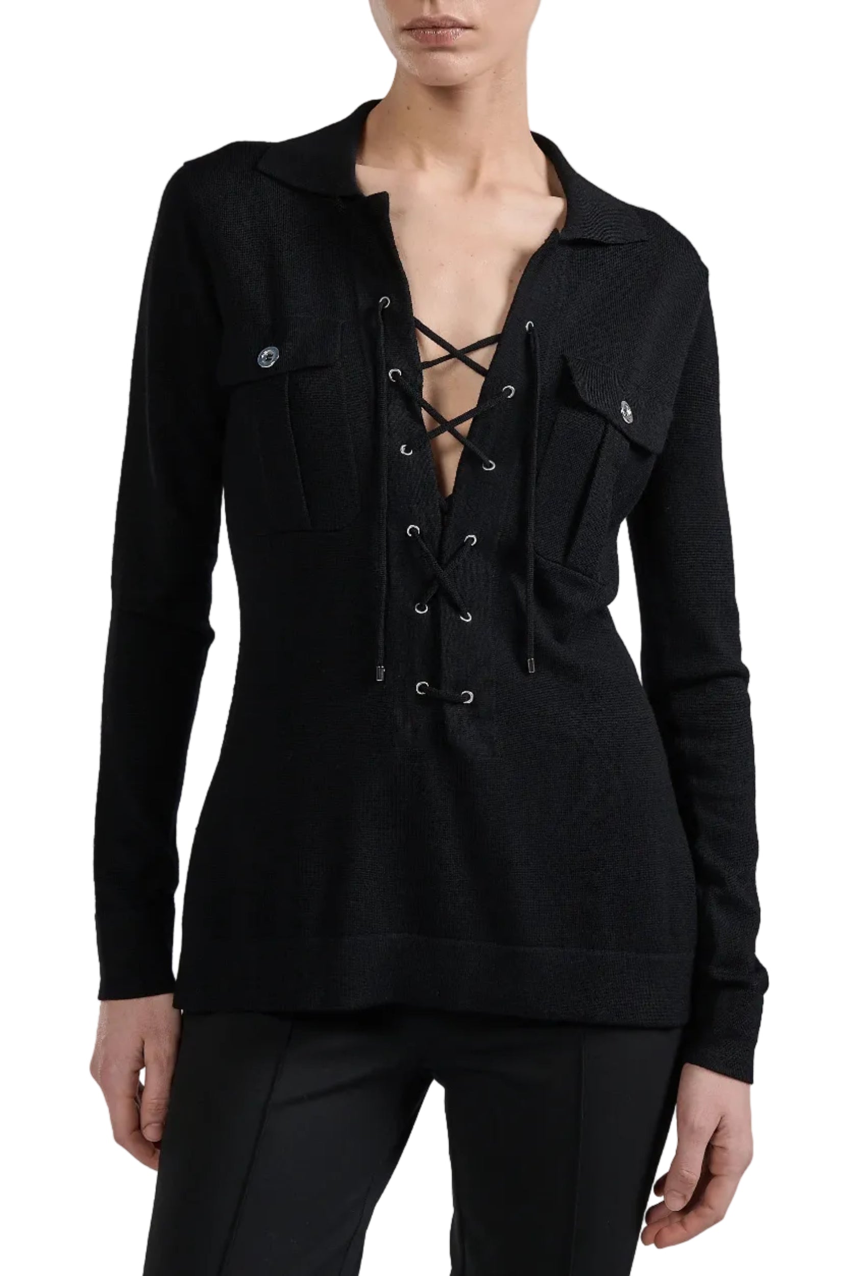 Black lace-up top worn by a model on a white background.