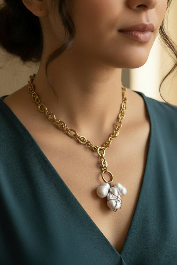 Woman wearing a gold necklace with a pearl pendant.