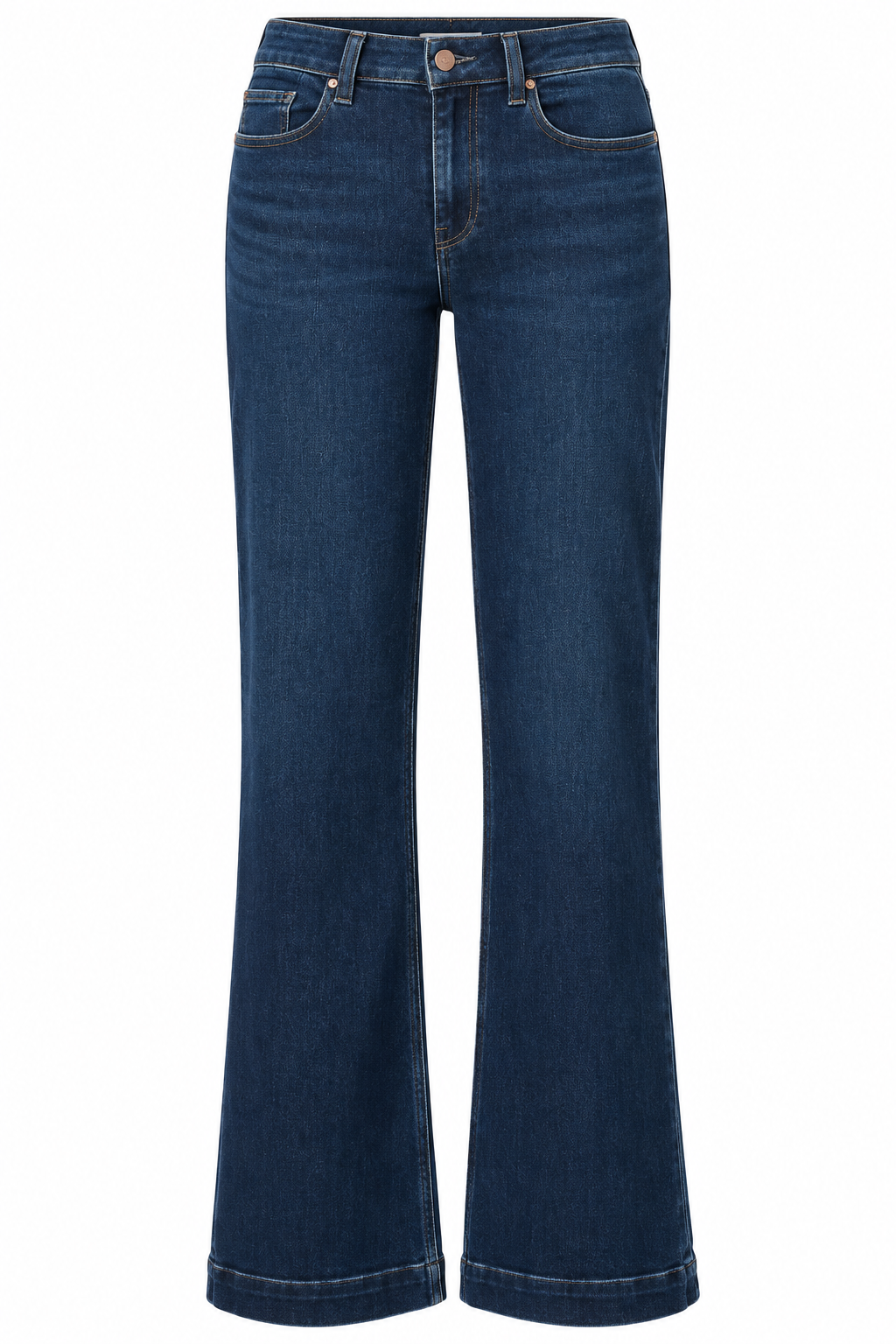 Dark indigo wide-leg jeans with a high-rise waist, classic five-pocket styling, subtle fading, and contrast stitching, shown in a front-facing ghost mannequin view.