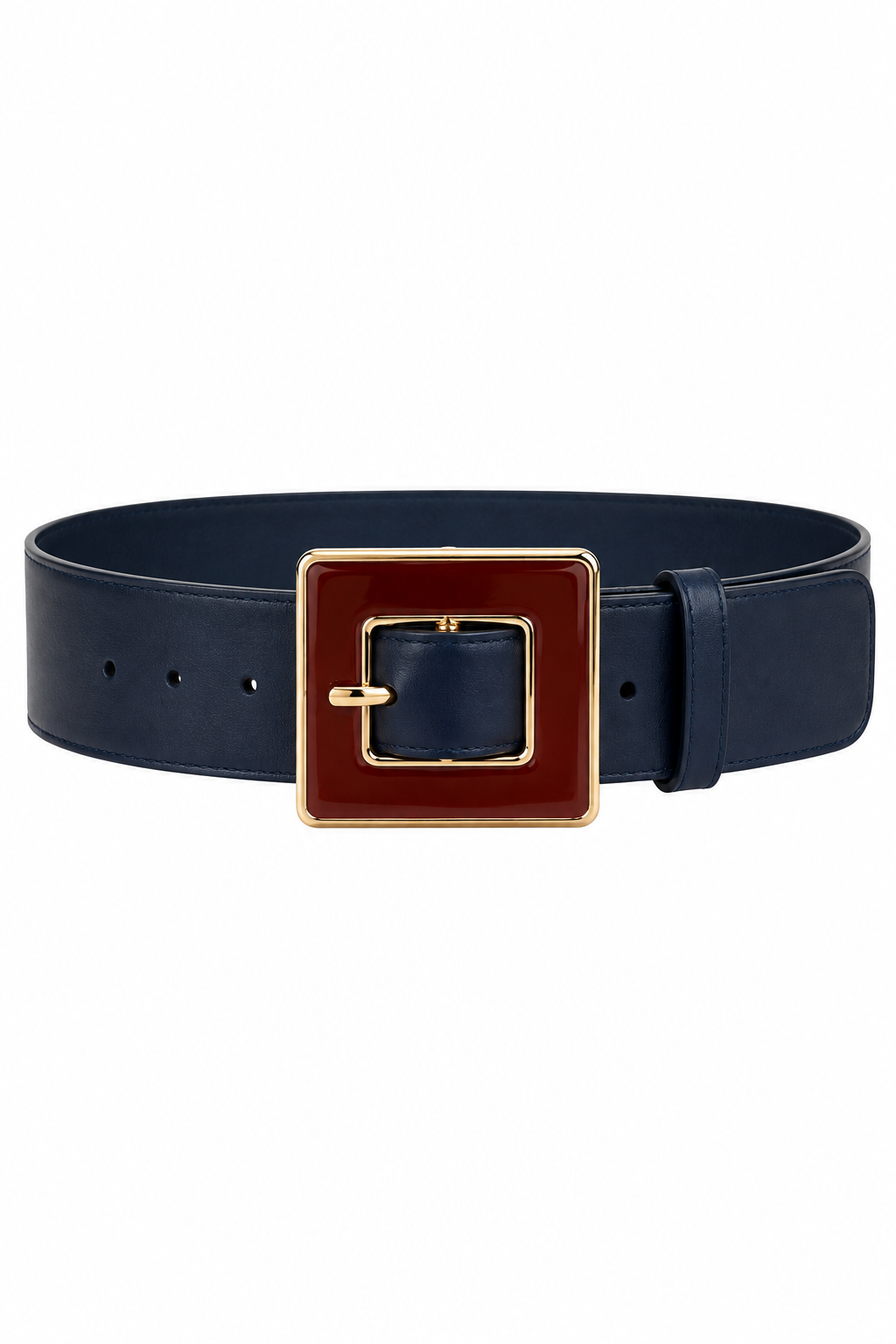 Gavazzeni Angelica navy blue leather belt with a burgundy and gold-tone statement buckle, styled with an ivory ribbed top and cream tailored trousers.