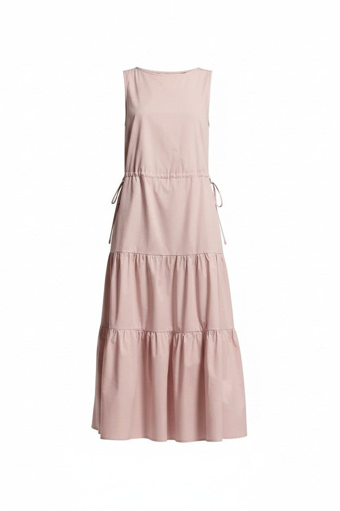 Pink dress with drawstring waist and ruffles on a white background.