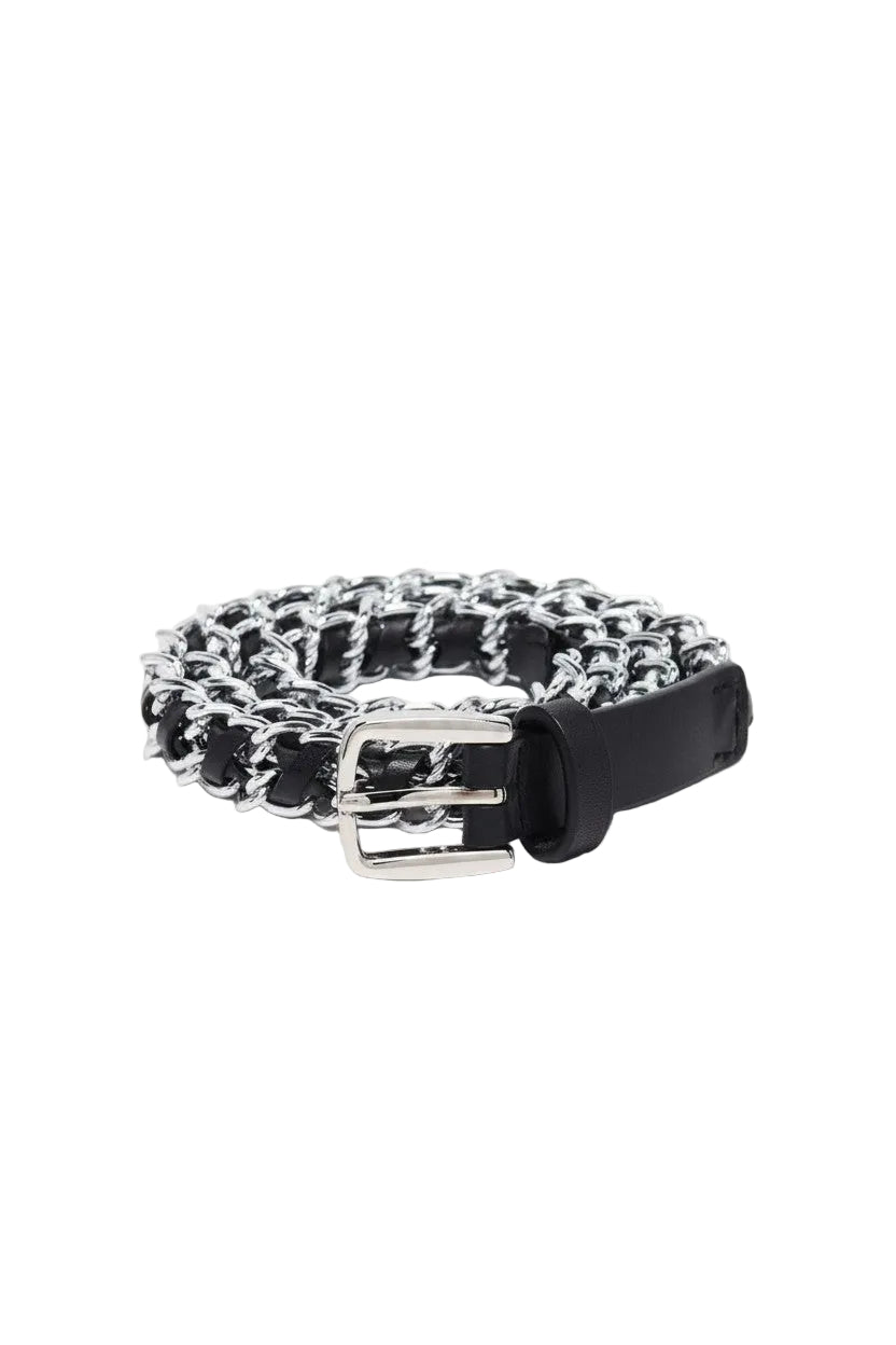 A black leather belt with a chunky silver-tone chain link design and a silver buckle, shown coiled on a plain white background.