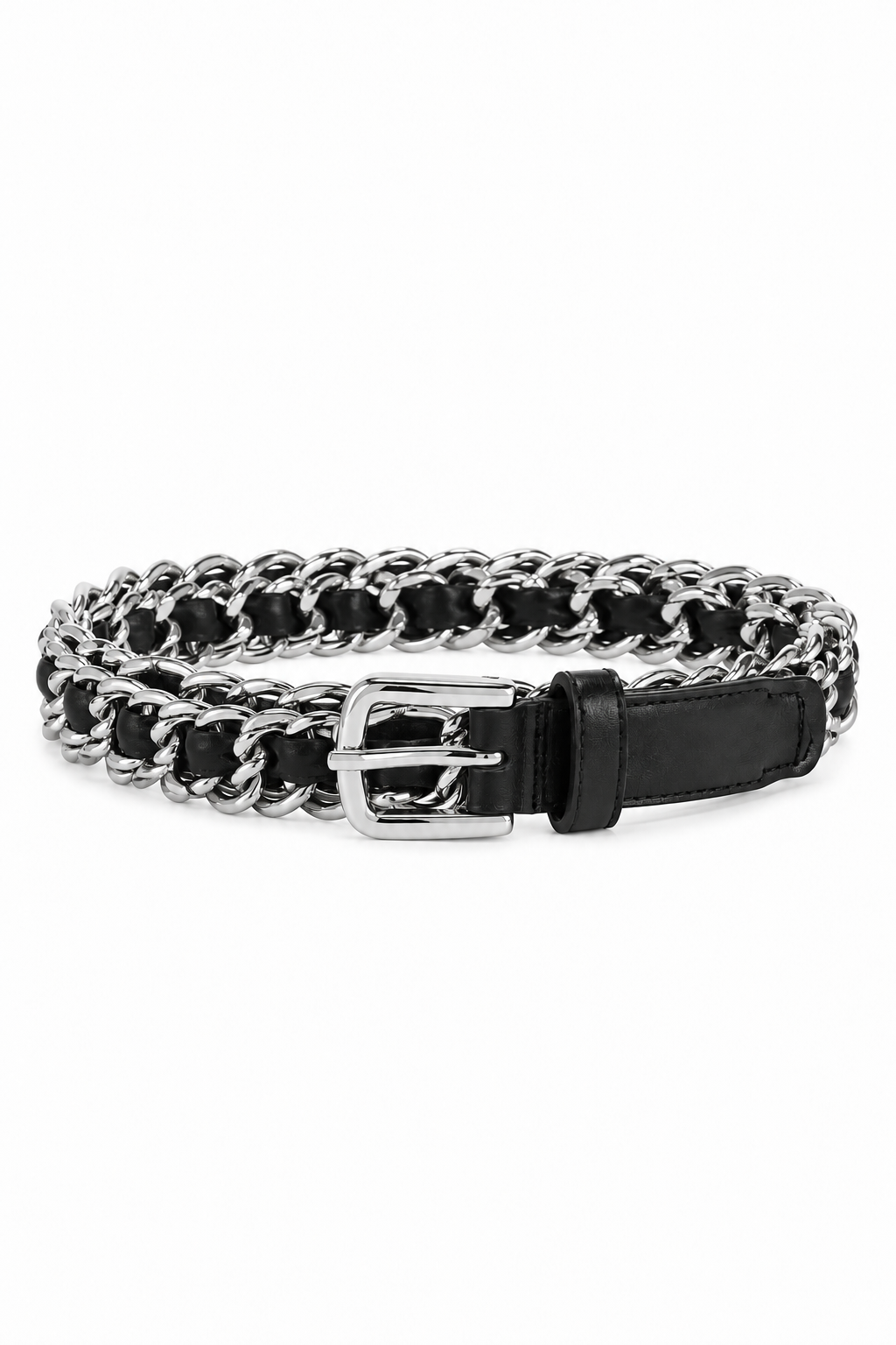 Black leather belt woven with polished silver-tone chain links, featuring a rectangular silver buckle, adjustable pin closure, and matching leather keeper, centered on a white background.