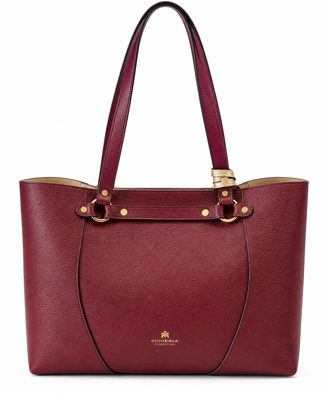 Front-facing ghost mannequin image of the Cuoieria Fiorentina Clara Shopping Bag in Bordeaux pebbled leather, featuring double shoulder straps, gold-tone hardware, decorative leather strap detailing, and signature gold logo on a clean white background.