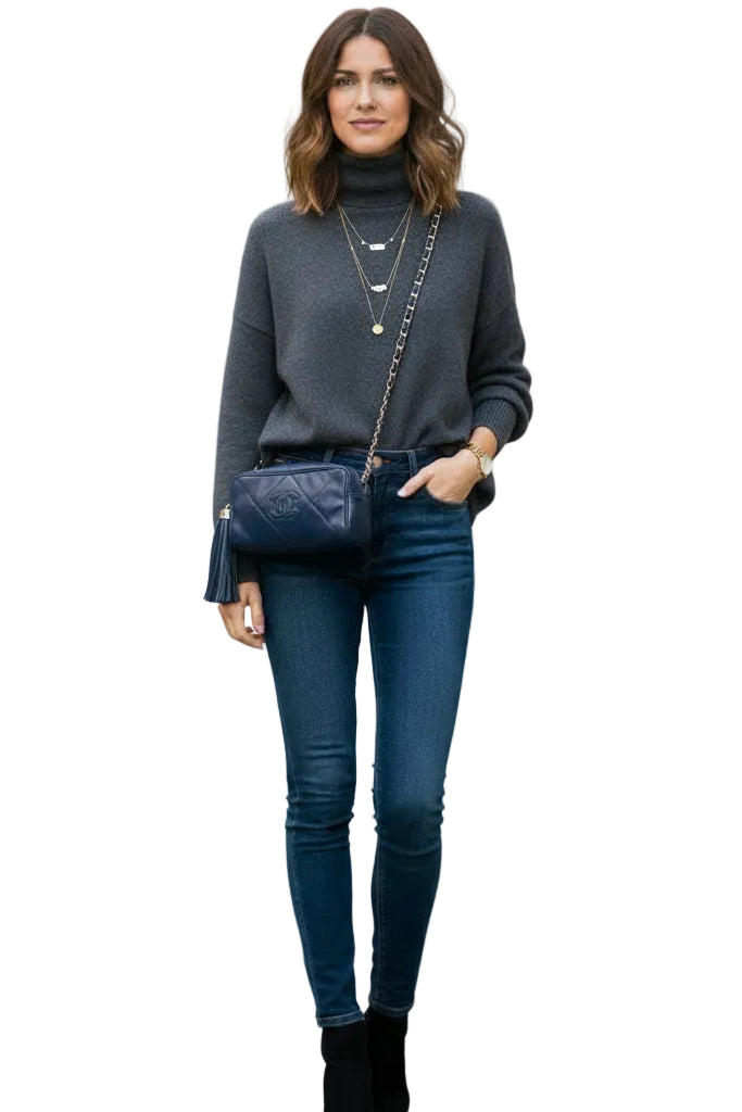 Woman wearing a gray sweater and blue jeans with a navy handbag against a plain background