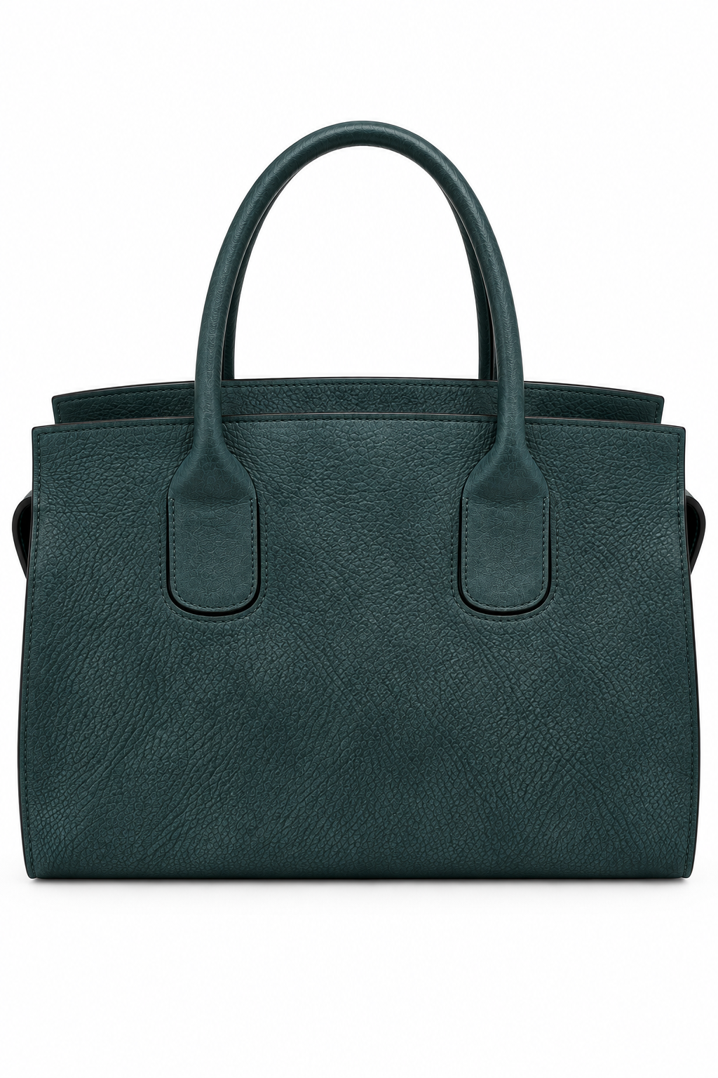 Back ghost mannequin view of the Cuoieria Fiorentina Bella Soft Medium Tote in deep ocean green pebbled leather, featuring a smooth, pocketless back, double rounded leather handles, and structured silhouette.