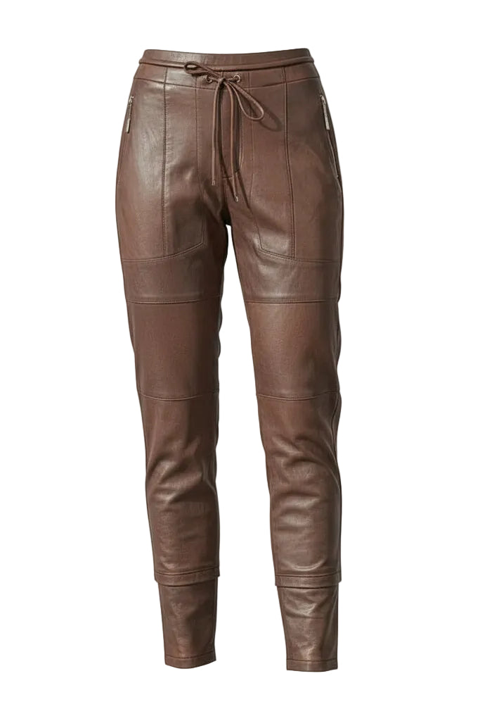 Brown leather pants on a white background.