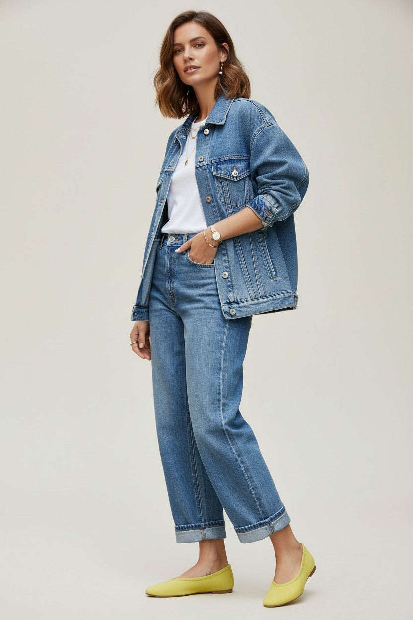 Woman wearing a denim jacket, white shirt, blue jeans, and yellow suede flats on a light gray background.