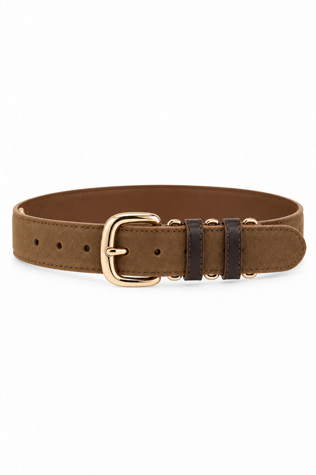 Brown suede leather belt featuring a polished gold-tone rounded rectangular buckle, decorative gold hardware, double dark brown leather keepers, adjustable pin closure, and contrast stitching, centered on a white background.