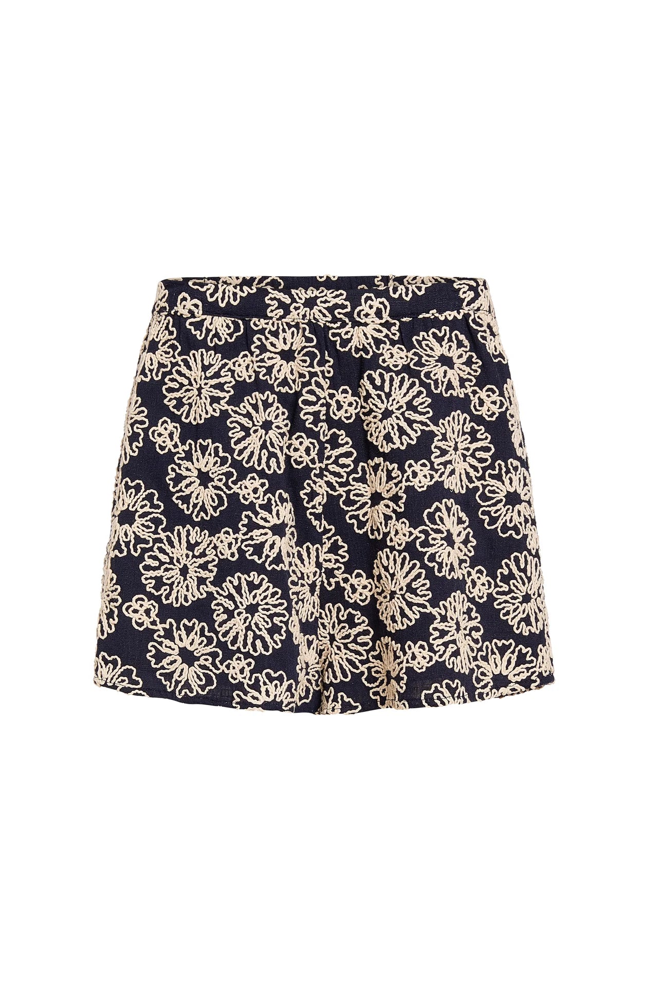 Navy blue shorts with beige floral pattern on a white background.