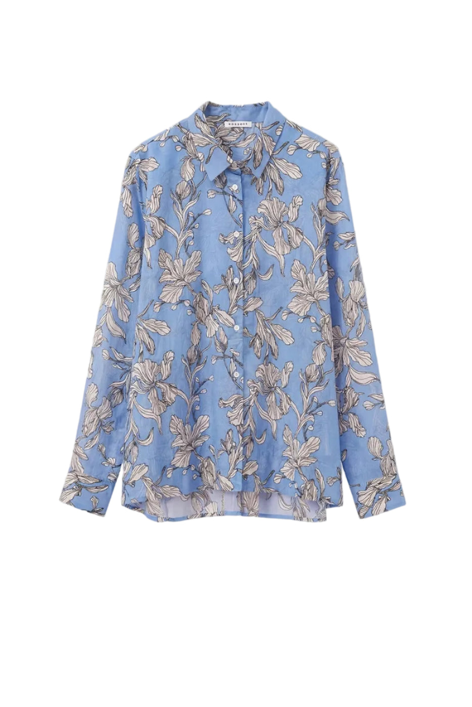 Blue floral blouse on a white background.