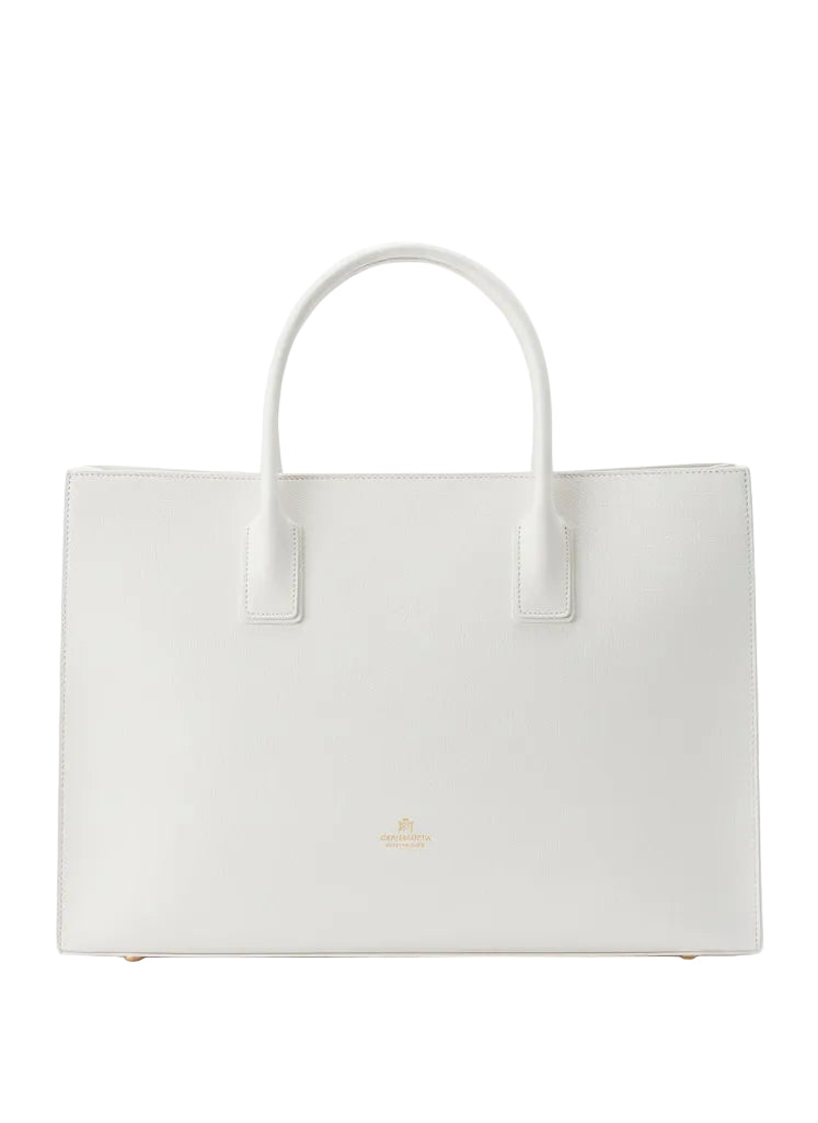 White tote bag with a visible brand logo on a white background.