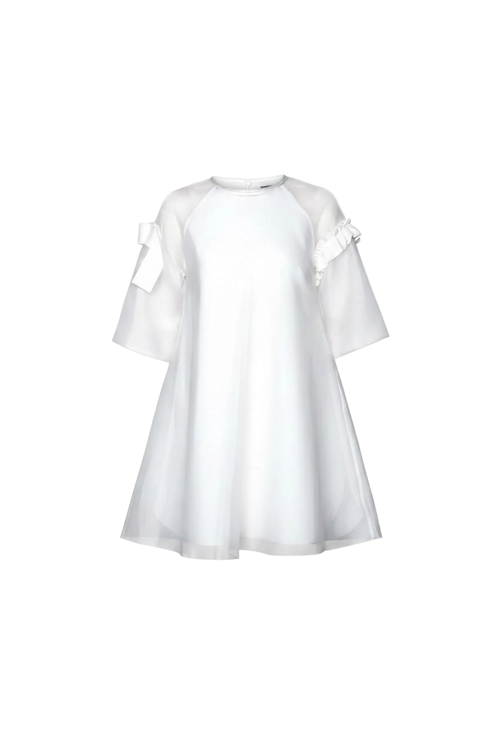 White dress with sheer sleeves on a white background.