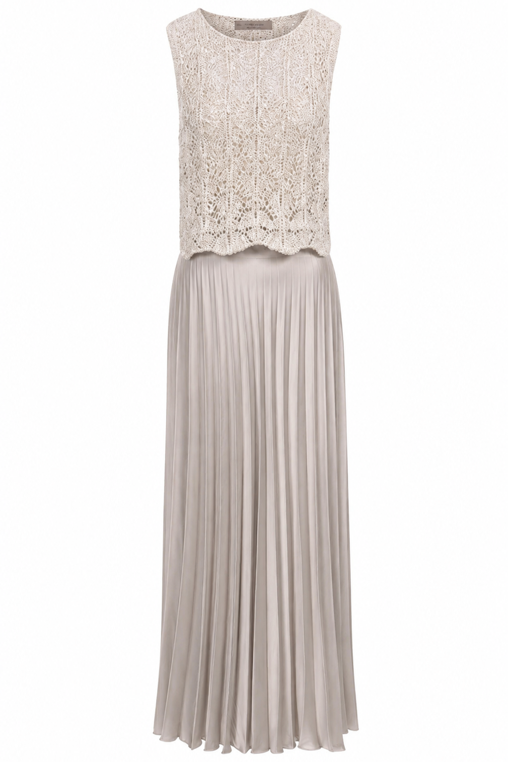 D.Exterior ivory crochet and pleated maxi dress with sequin detailing