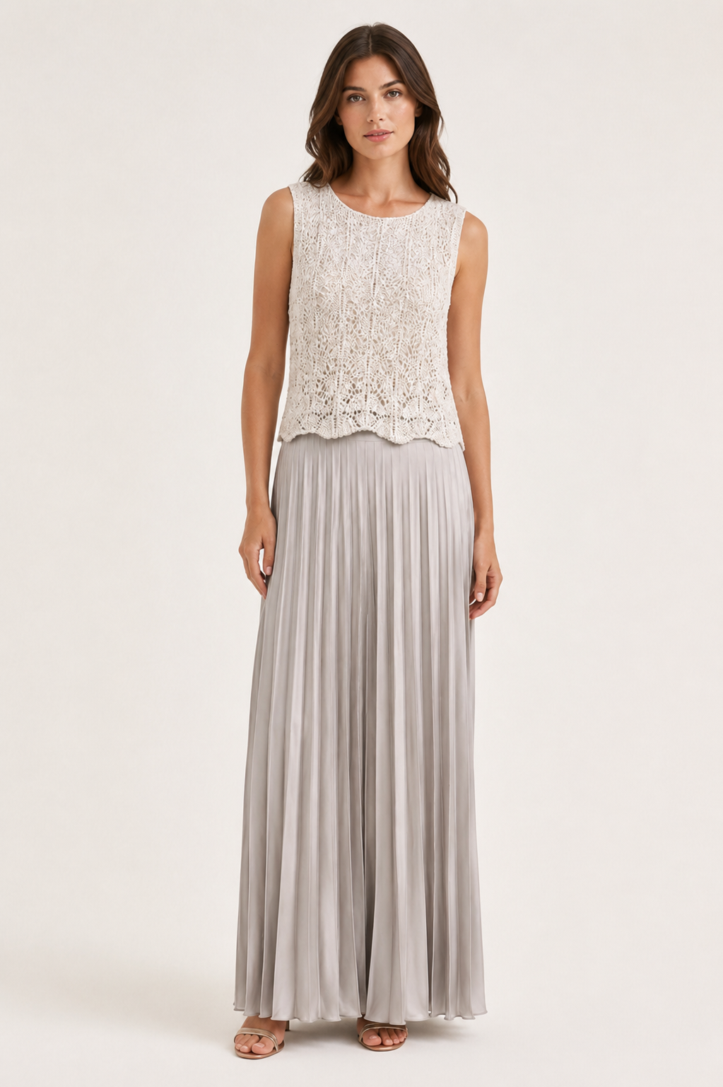 D.Exterior ivory crochet and pleated maxi dress on model, front view