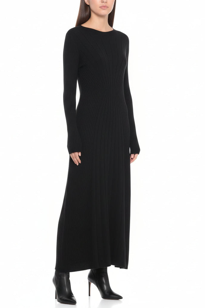 Woman wearing a black long-sleeve dress on a white background.