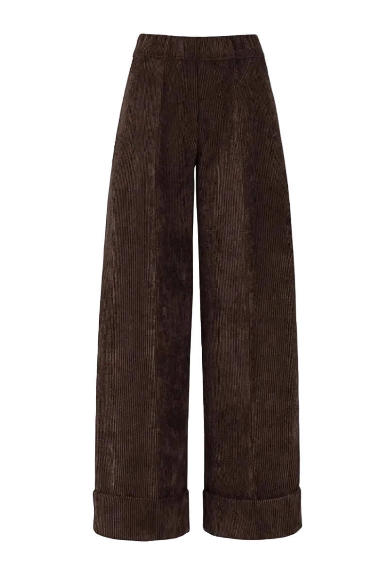 D.Exterior brown ribbed corduroy cropped trousers with elastic waistband, straight-leg silhouette, and turned-up cuffs.