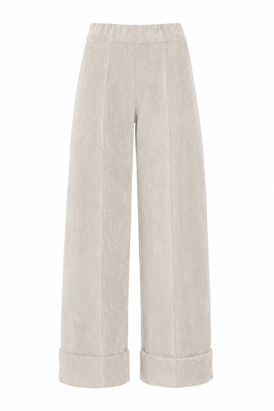 D.Exterior cream ribbed corduroy cropped trousers with elastic waistband, straight-leg silhouette, and turned-up cuffs.