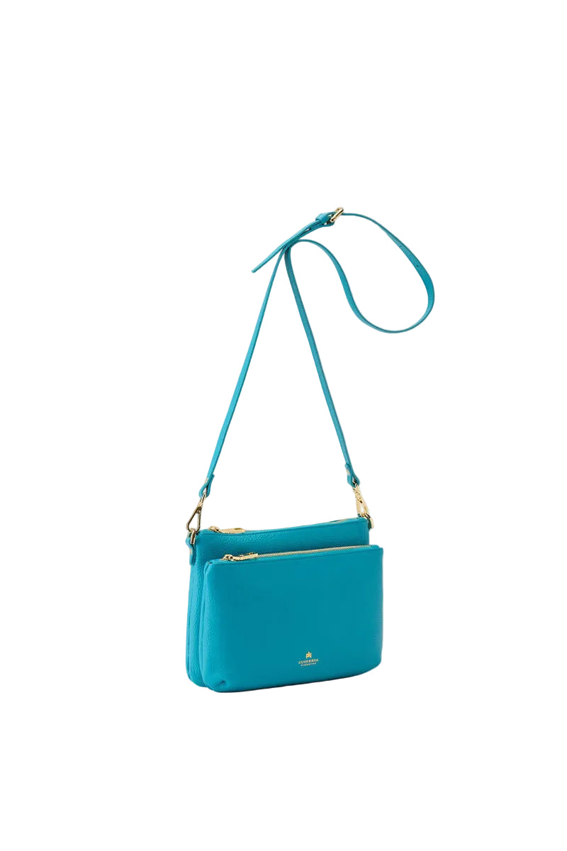 Turquoise crossbody bag on a white background.