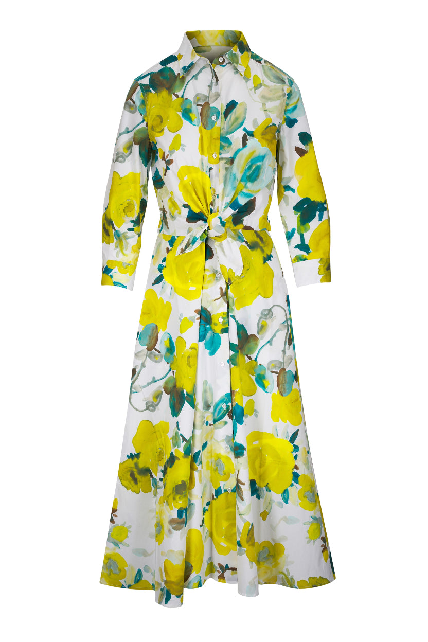 Floral dress with yellow flowers on a white background.