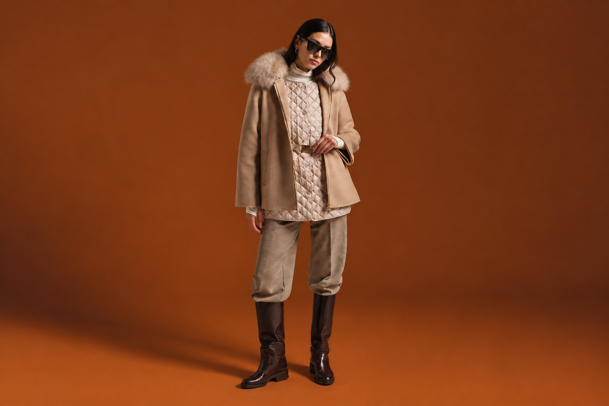 A model stands against a solid orange-brown studio background wearing a beige coat with a fur-trimmed collar, a cream quilted sweater, beige trousers, and dark brown leather boots.