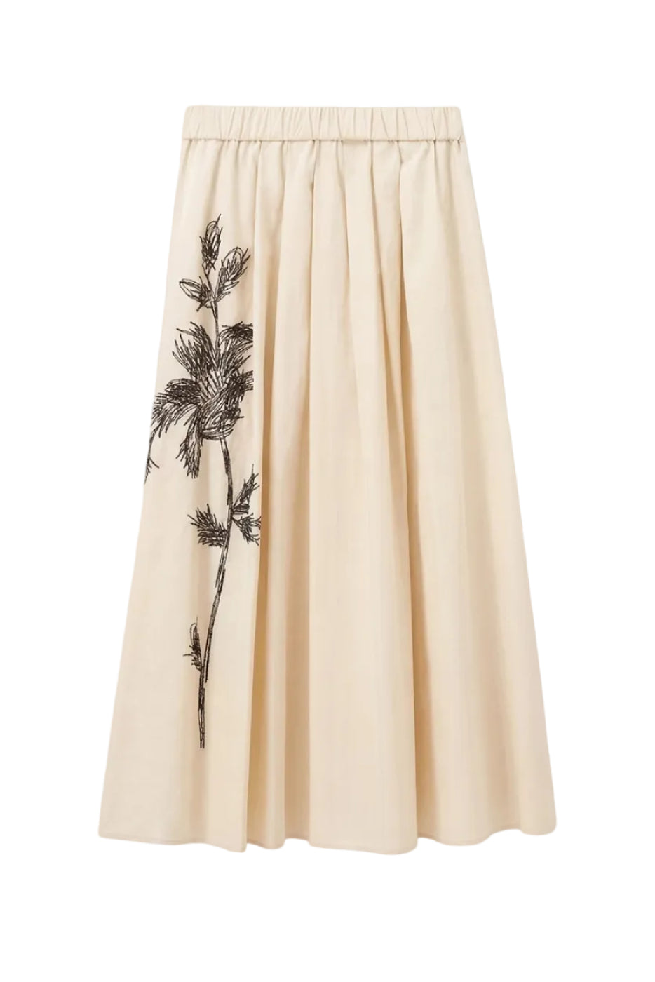 Beige skirt with black embroidered flower design on a white background.