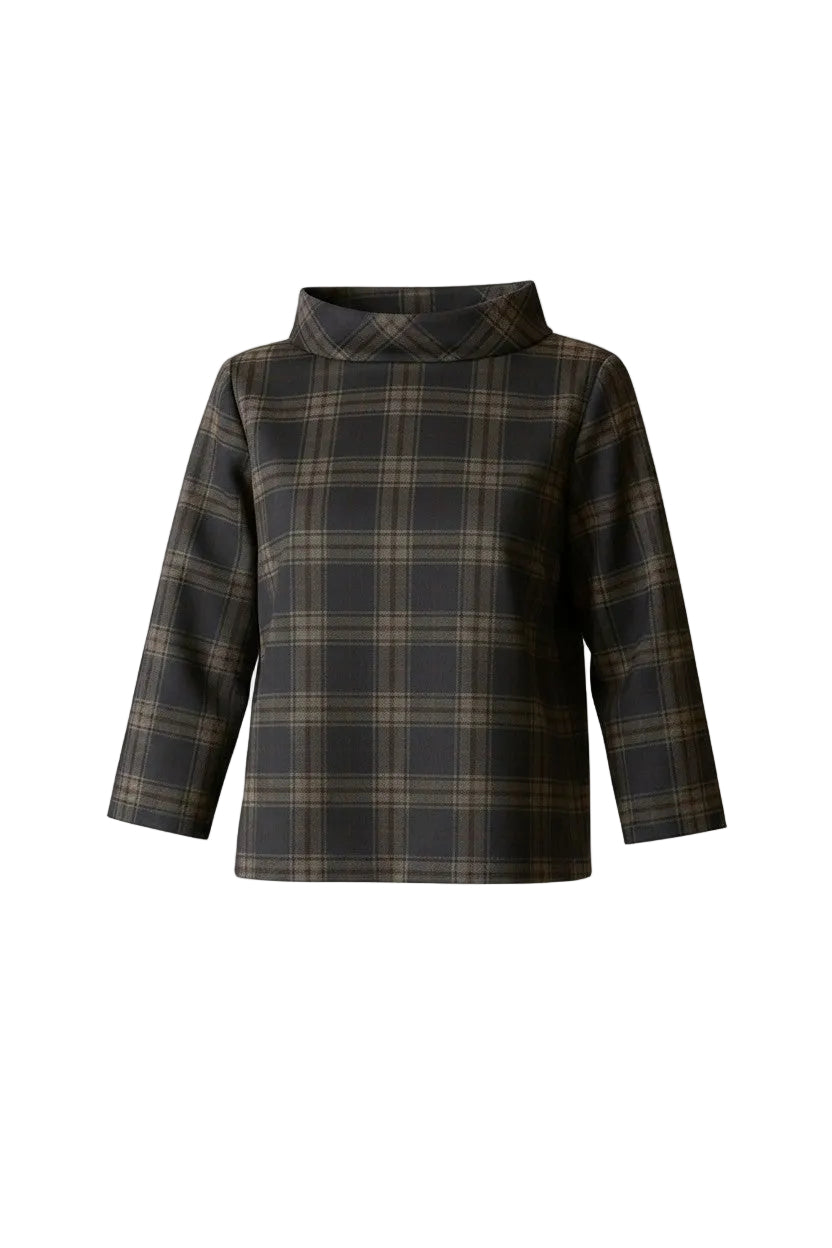 A women's long-sleeve top with a high mock neck, featuring a dark brown and black plaid pattern with thin tan lines, shown against a plain white background.