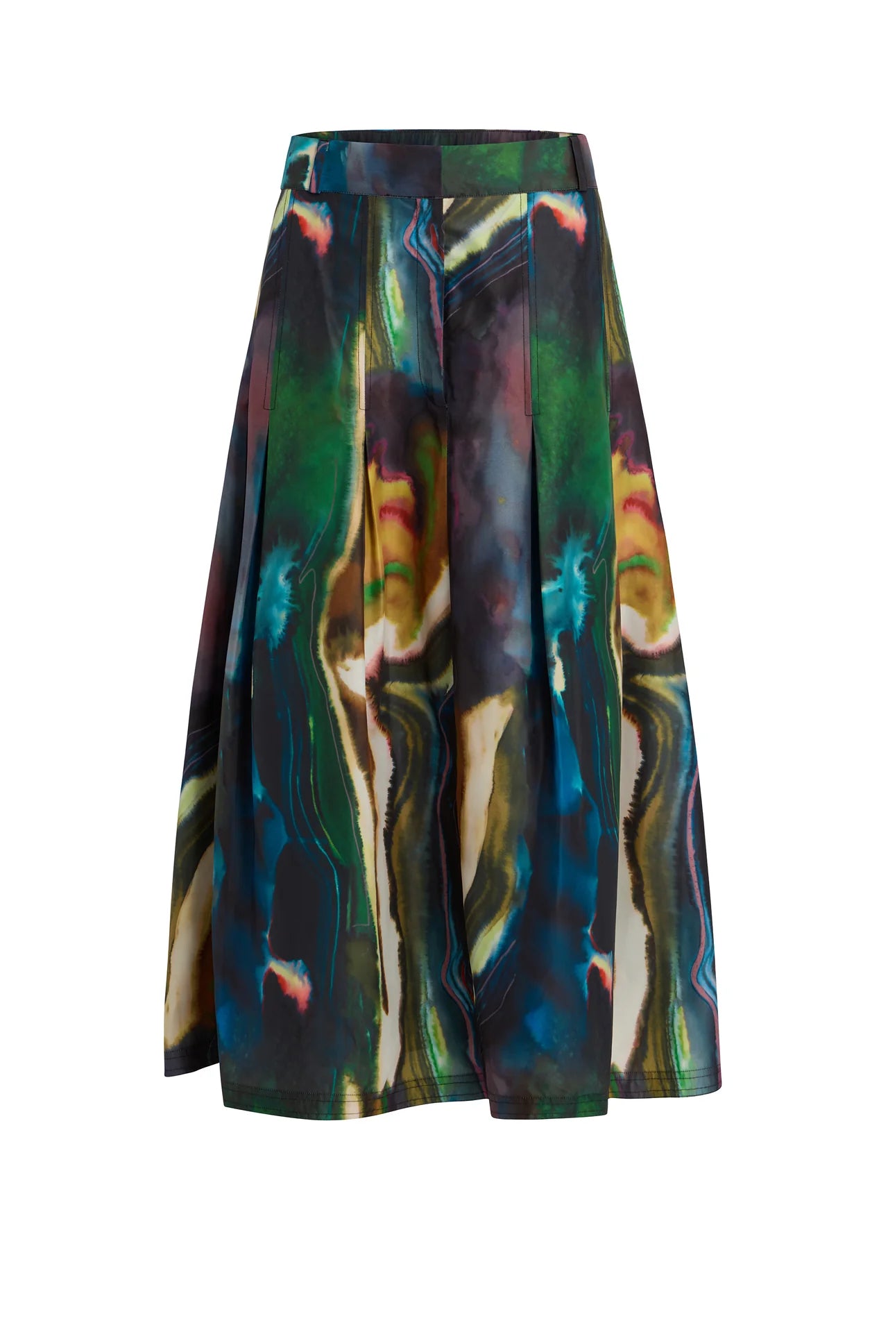 Colorful abstract patterned skirt on a white background.