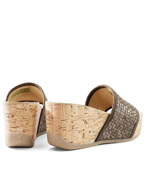 The back of a pair of cork wedge sandals on a white background.