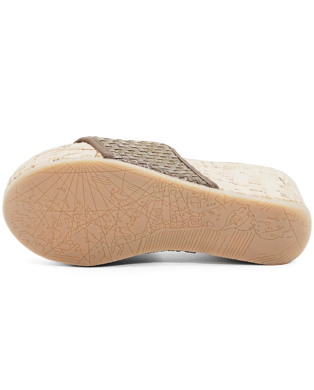 Bottom of a platform sandal sole with textured map-like pattern on a white background.