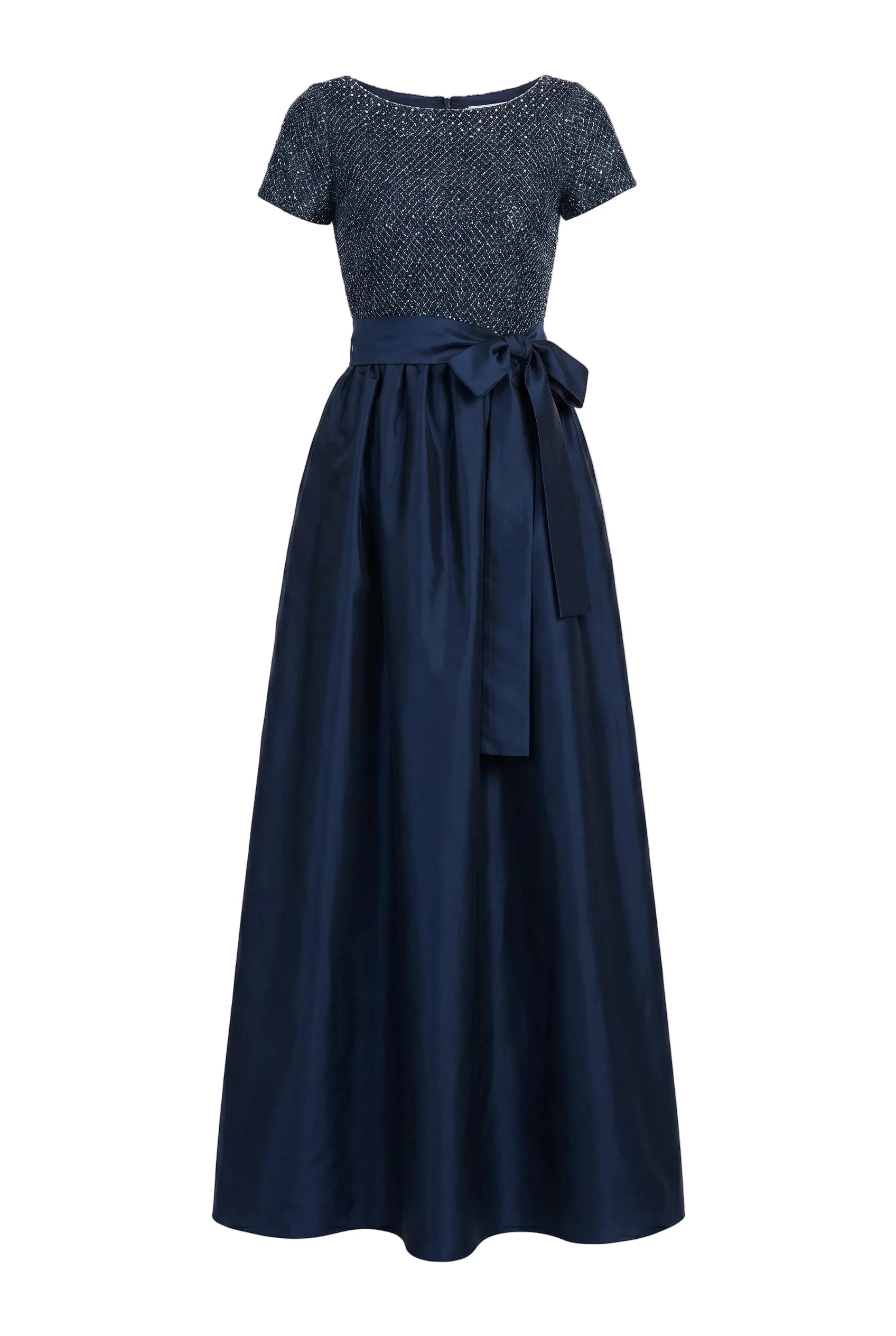 Navy blue dress with a textured top and flowing skirt on a white background.