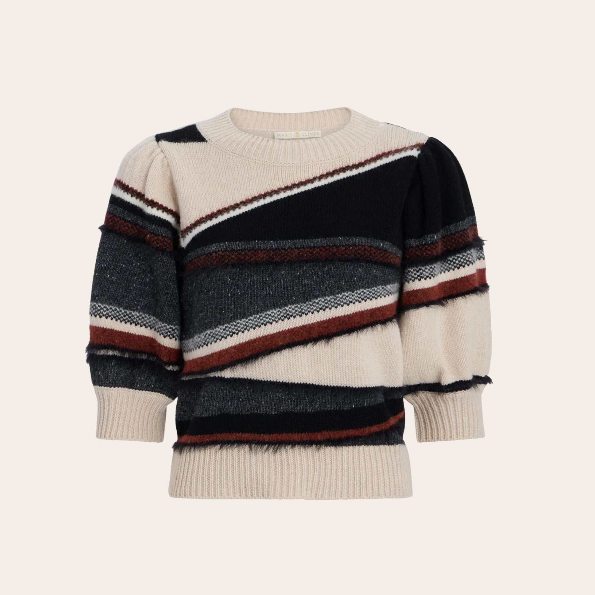 Striped sweater with black, red, and beige colors on a light gray background.