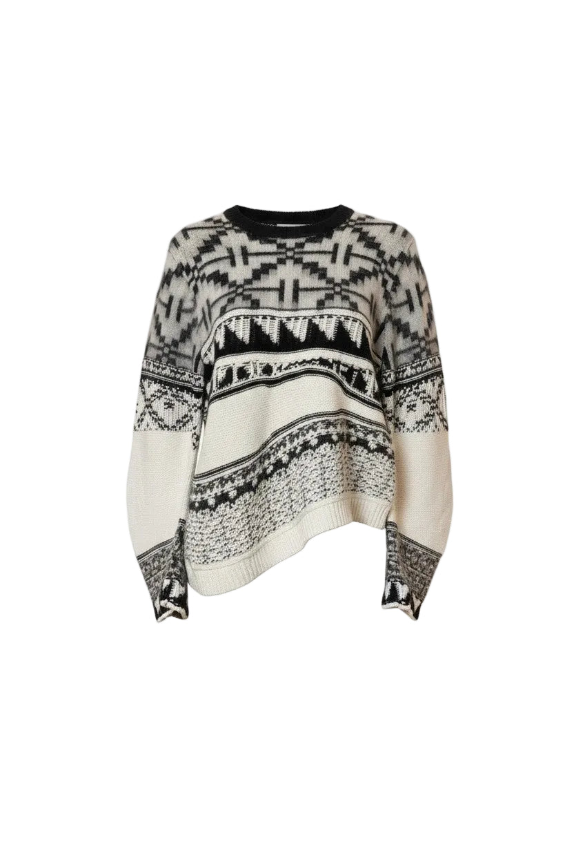 Black and white pattern sweater on a white background.