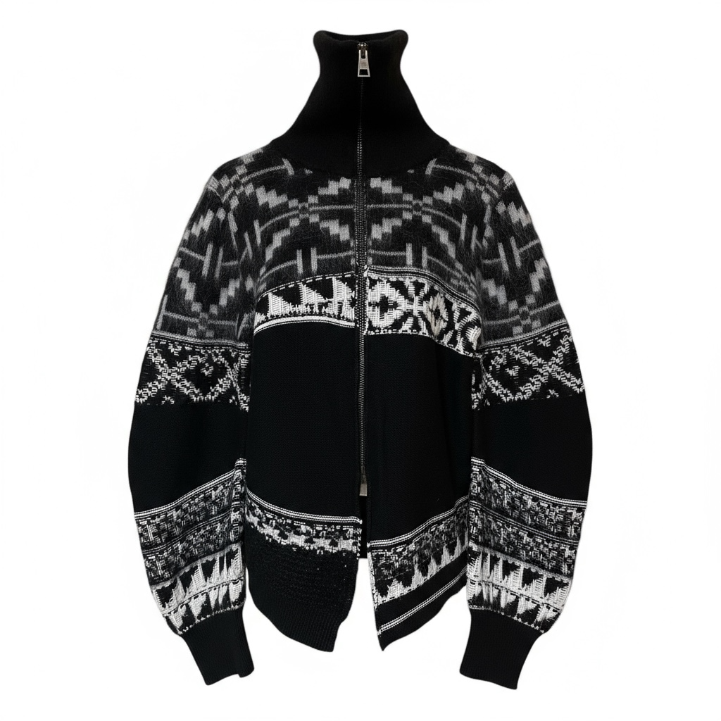 Black and white patterned zip up on a mannequin against a white background.