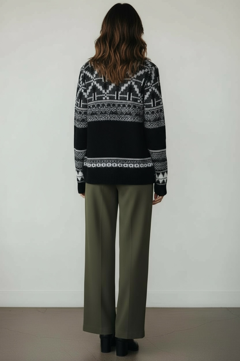 Back of a woman wearing a zip up sweater with a pattern and green pants against a white background.