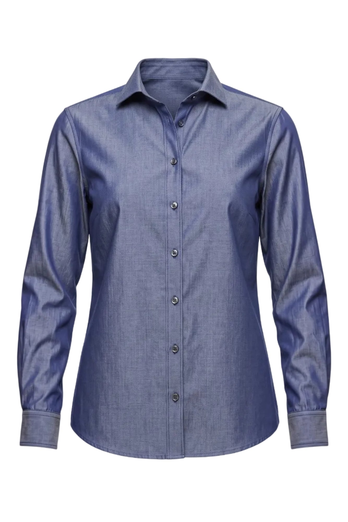 A women's long-sleeve button-down shirt in a medium blue chambray fabric, shown on a plain white background.